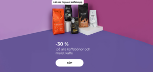 -30 % på alla kaffebönor och malet kaffe